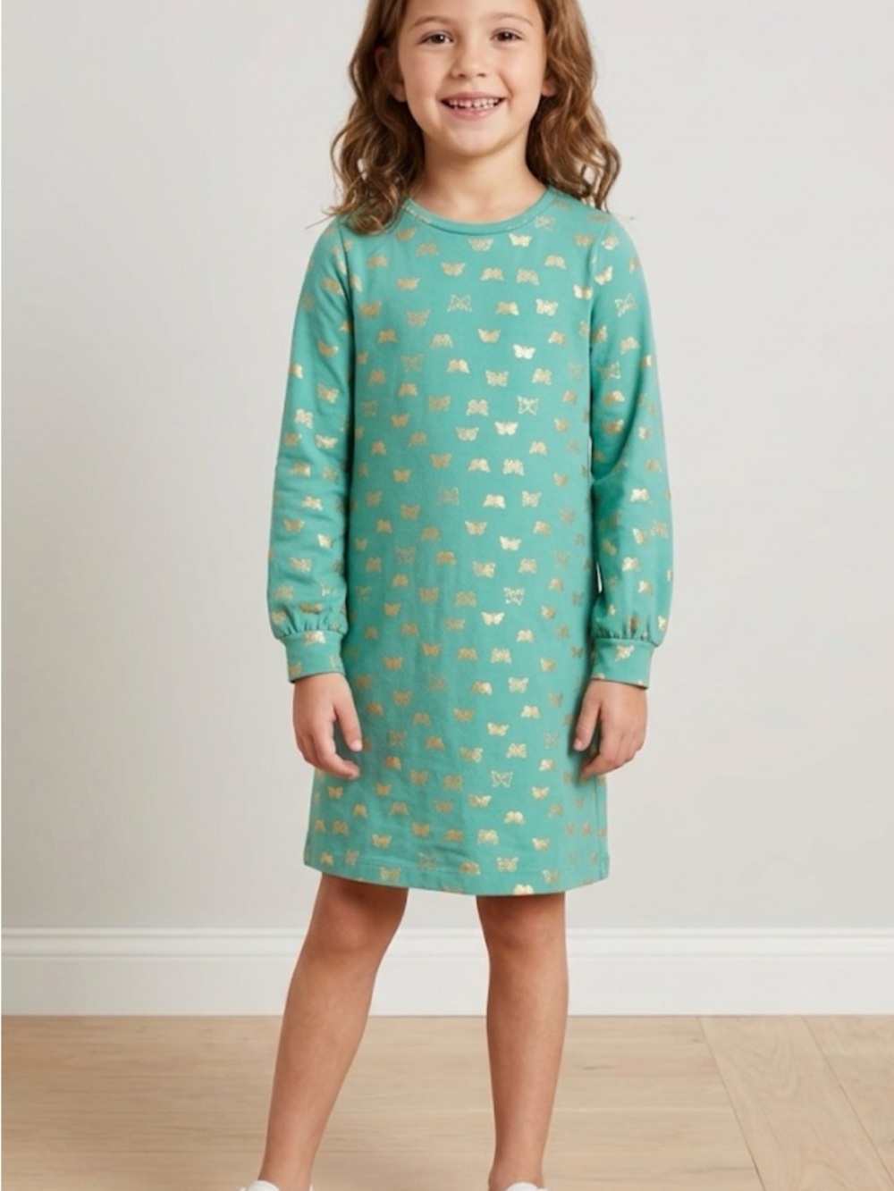 Crewcuts Green Dress with Gold Butterfly Accents
